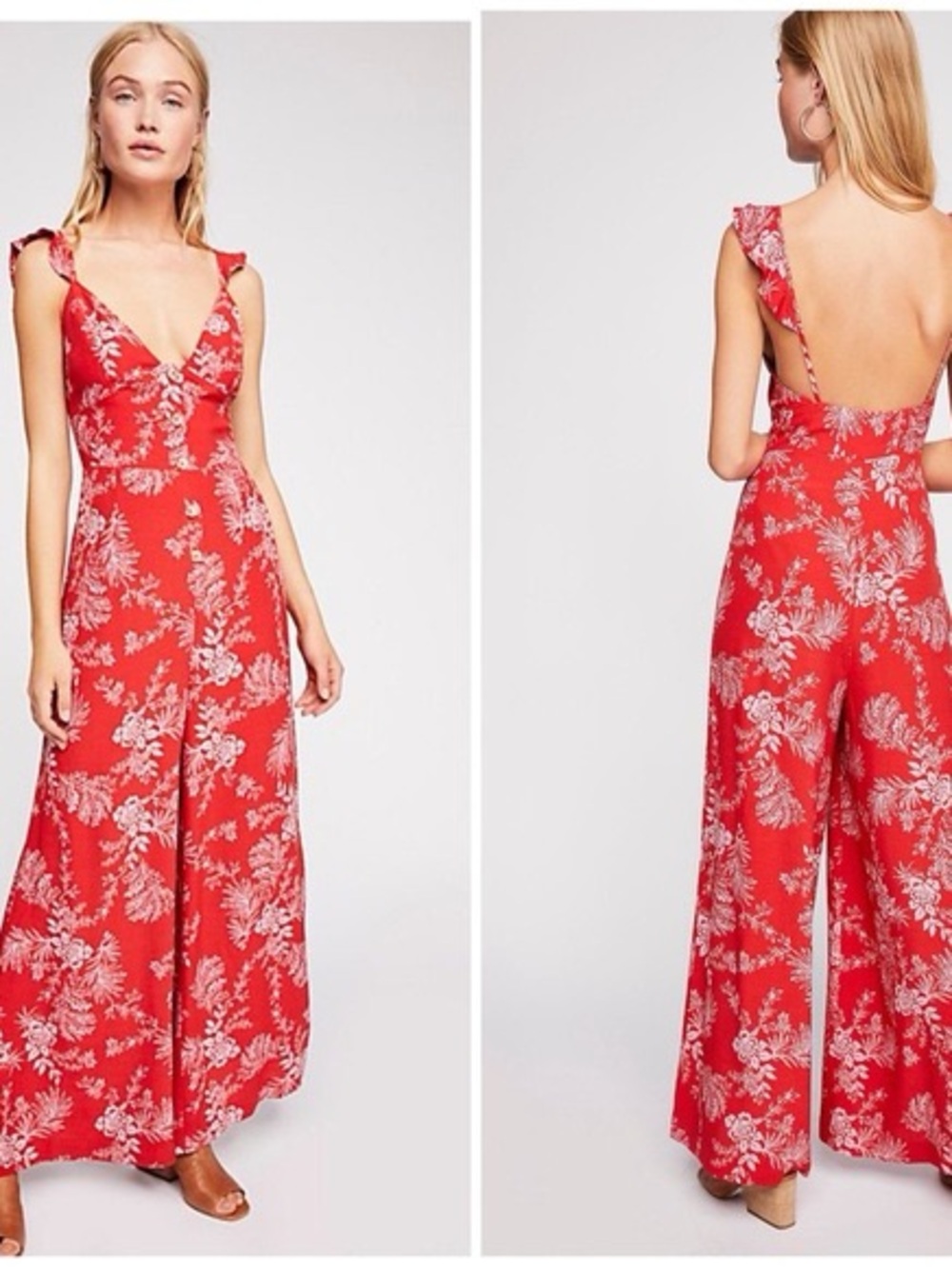 Free People Red Floral V-Neck Wide Leg Jumpsuit